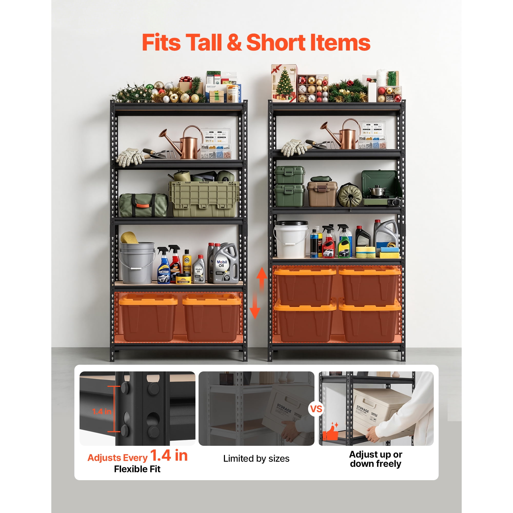 KFFKFF 5-Tier Adjustable Storage Shelves, 2000 lbs Capacity, Heavy-Duty Metal Utility Rack for Garage, Warehouse, Basement, or Kitchen, 36.34" W x 18.07" D x 71.38" H