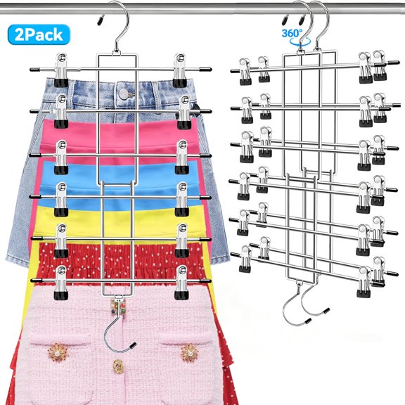 INCTUO 2 Pack Pants Hangers with Clips,Space Saving Hanging Closet Organizer-6 Tiers Skirt Hangers with 360° Swivel Hook,Closet Organizer-Clothes Hangers- College Dorm Essentials Apartment Essentials
