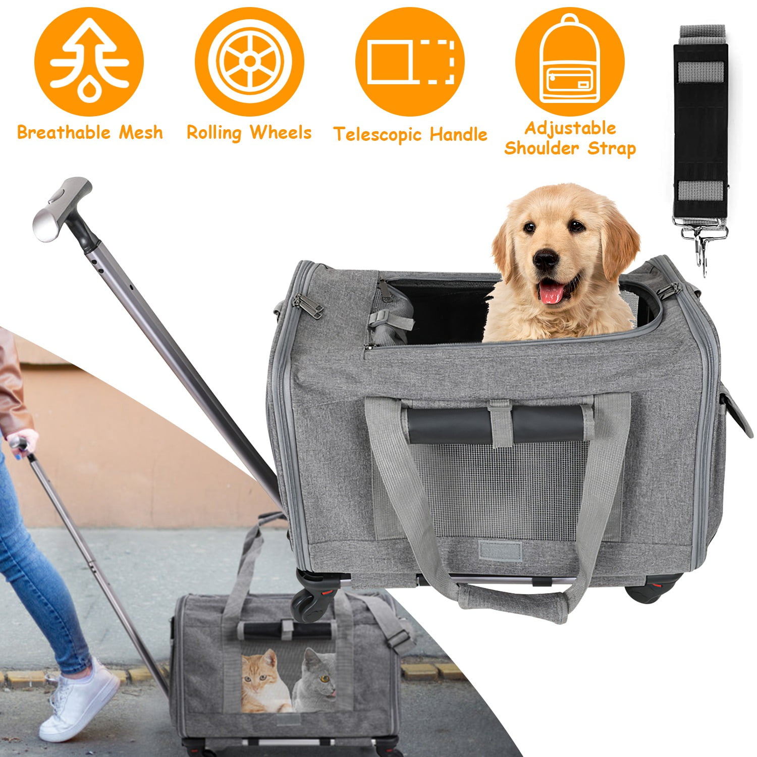 iMounTEK Cat Dog Carrier on Wheels, Airline Approved Rolling Pet