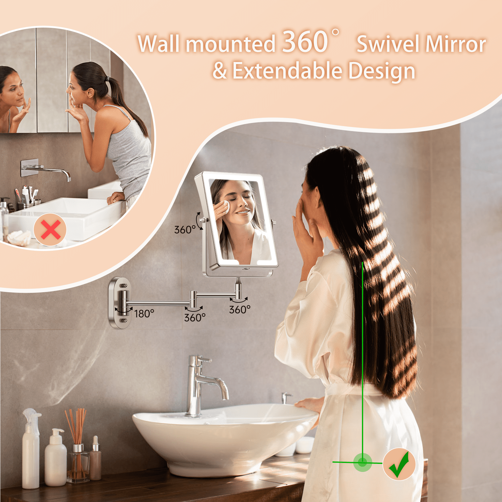 Funtouch Double Sided 1X 10X Magnifying Wall lighted Mounted Makeup Mirror with Extended Arm, 360° Swivel Foldable, 3 Color Settings,Nickel