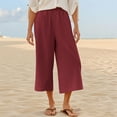 thumbnail image 5 of Bloomae Women Linen Pants Summer Wide Leg Capri Pants Elastic High Waist Loose Cropped Lounge Trousers Culottes with Pockets Wine XL, 5 of 9