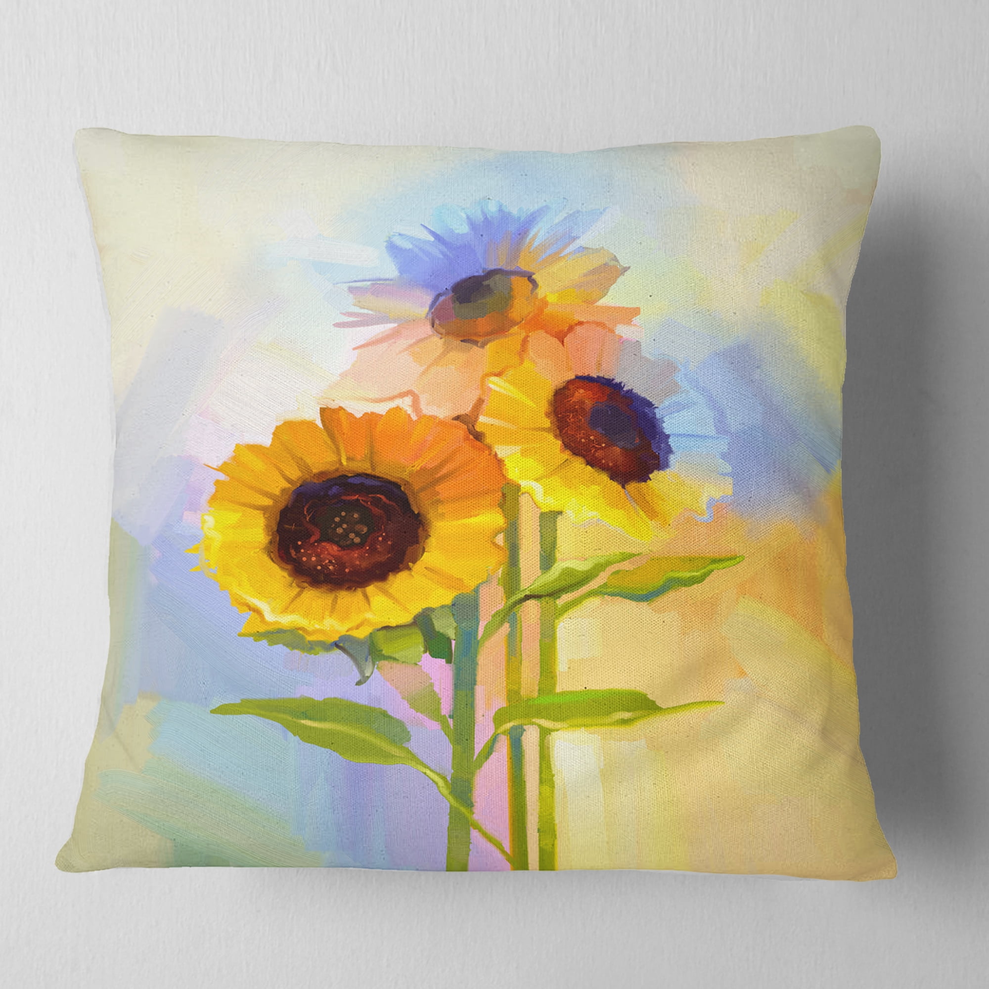 Designart Yellow Sunflowers with Green Leaves - Floral Throw Pillow - 18x18