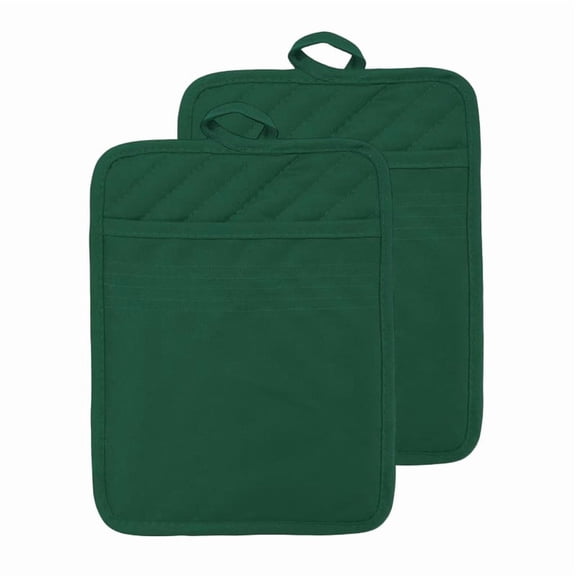 HOMEIORA 2 Pack Oven Pot Holder with Pocket Cotton Heat Resistant Coaster Potholder Kitchen Hot Pad Oven Mitts for Cooking Square 7" x 9", Dark Green