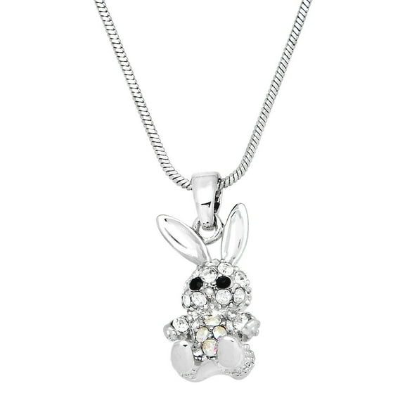 Bunny Rabbit Pendant Necklace Clear Rhinestone Crystal Rhodium Plated 17 Inch Snake Chain J0263-CR