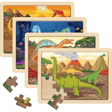 SYNARRY 4-in-1 Wooden Dinosaur Puzzles for Kids Ages 3-8, 24pcs Each, FSC Certified Educational Jigsaw Puzzle Set