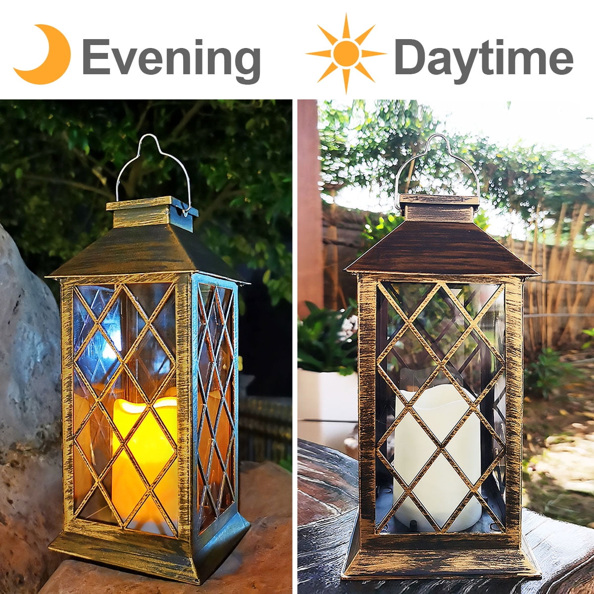 Hanging Solar Lantern Outdoor Waterproof Metewish LED Flickering Flameless Candle Solar Lights for Patio Garden Table 