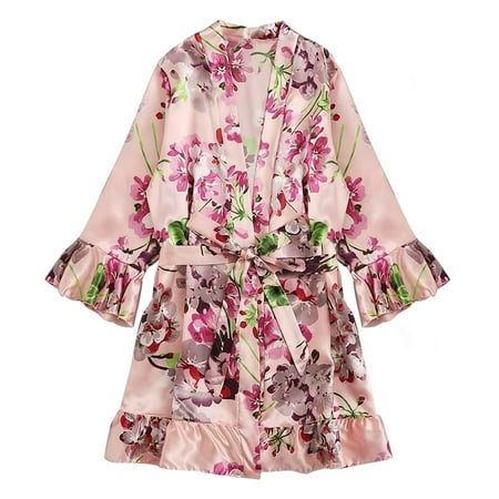 Penkiiy Floral Print Silk Robe Satin Silk Pajamas Women Nightdress Lingerie Robes Underwear Sleepwear Sexy Pink Nightgowns