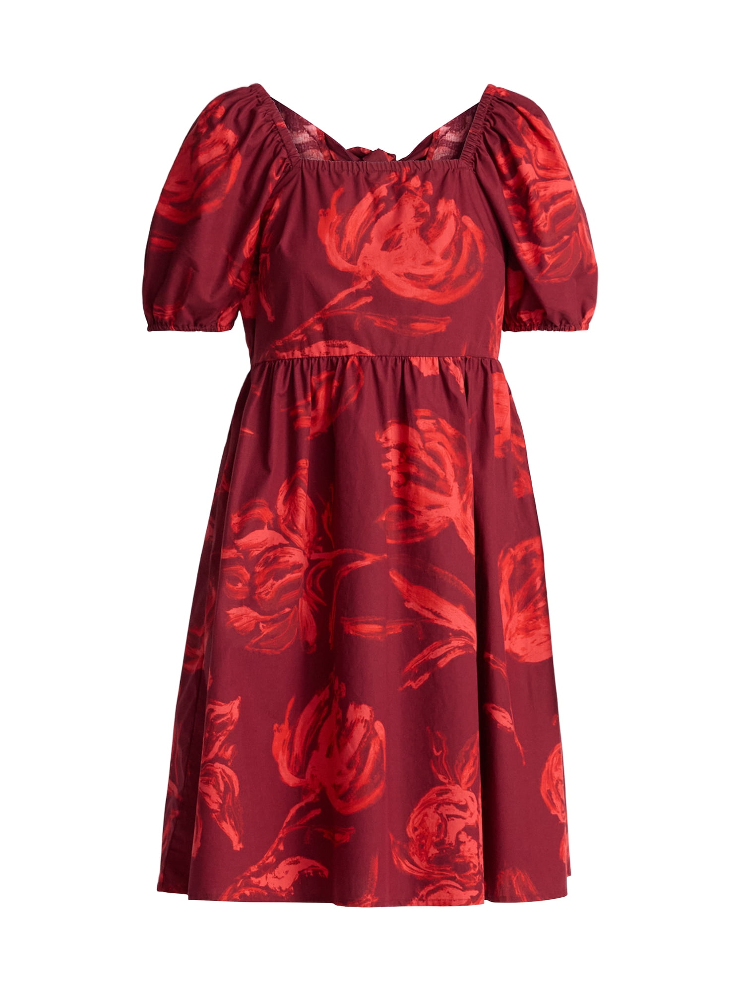 Time and Tru Women's and Women's Plus Tie Back Mini Dress with Puff Sleeves, Sizes XS-4X
