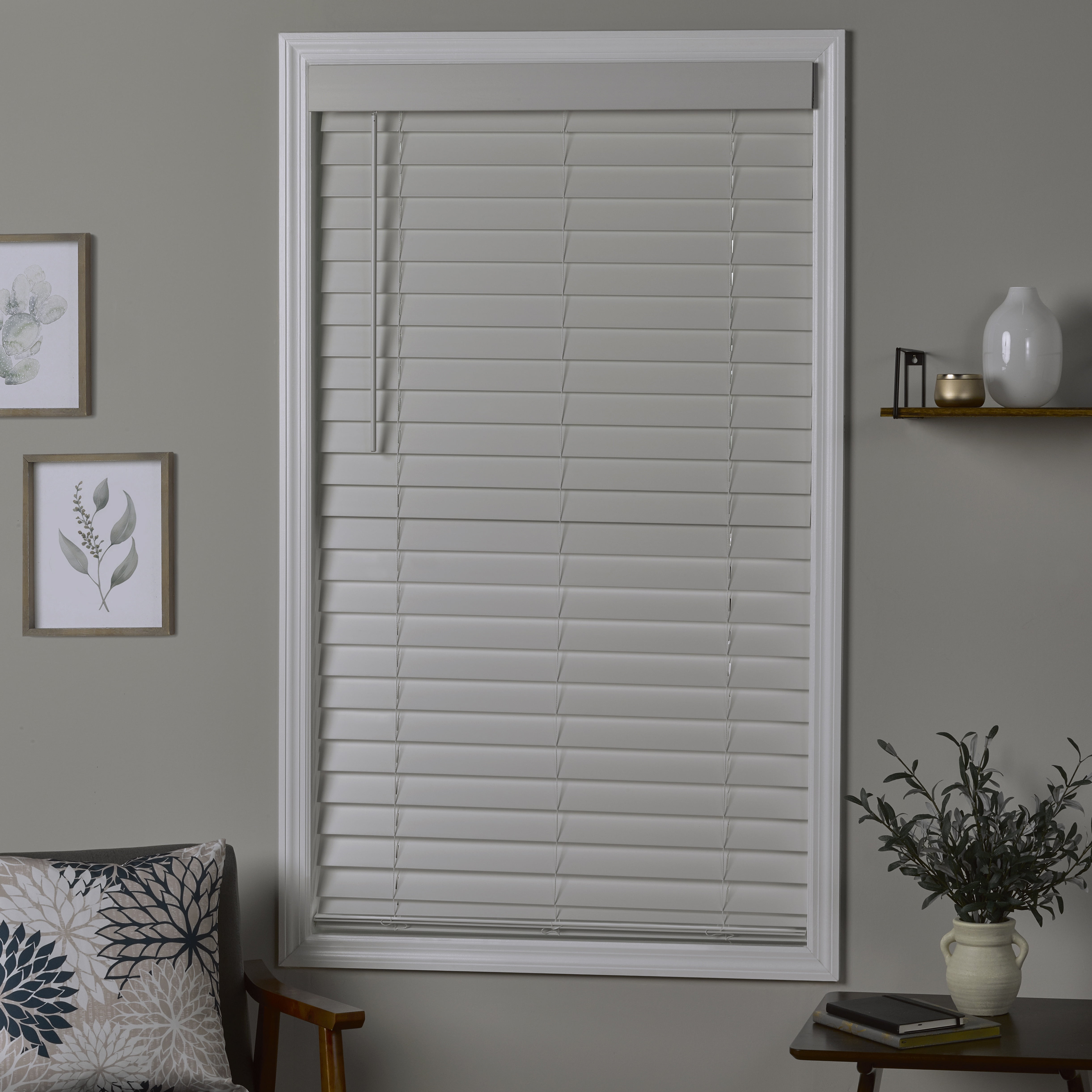 Coverscaped 2.5" Cordless Faux Wood Smooth White Blinds with 3.25" Smooth Valance, 53.5 x 48