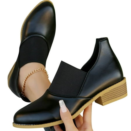 

WQJNWEQ Sandals Women Four Seasons Short Boots Pointed Knitted Leather Spliced Rectangular Heel Leather Shoes Single Boots