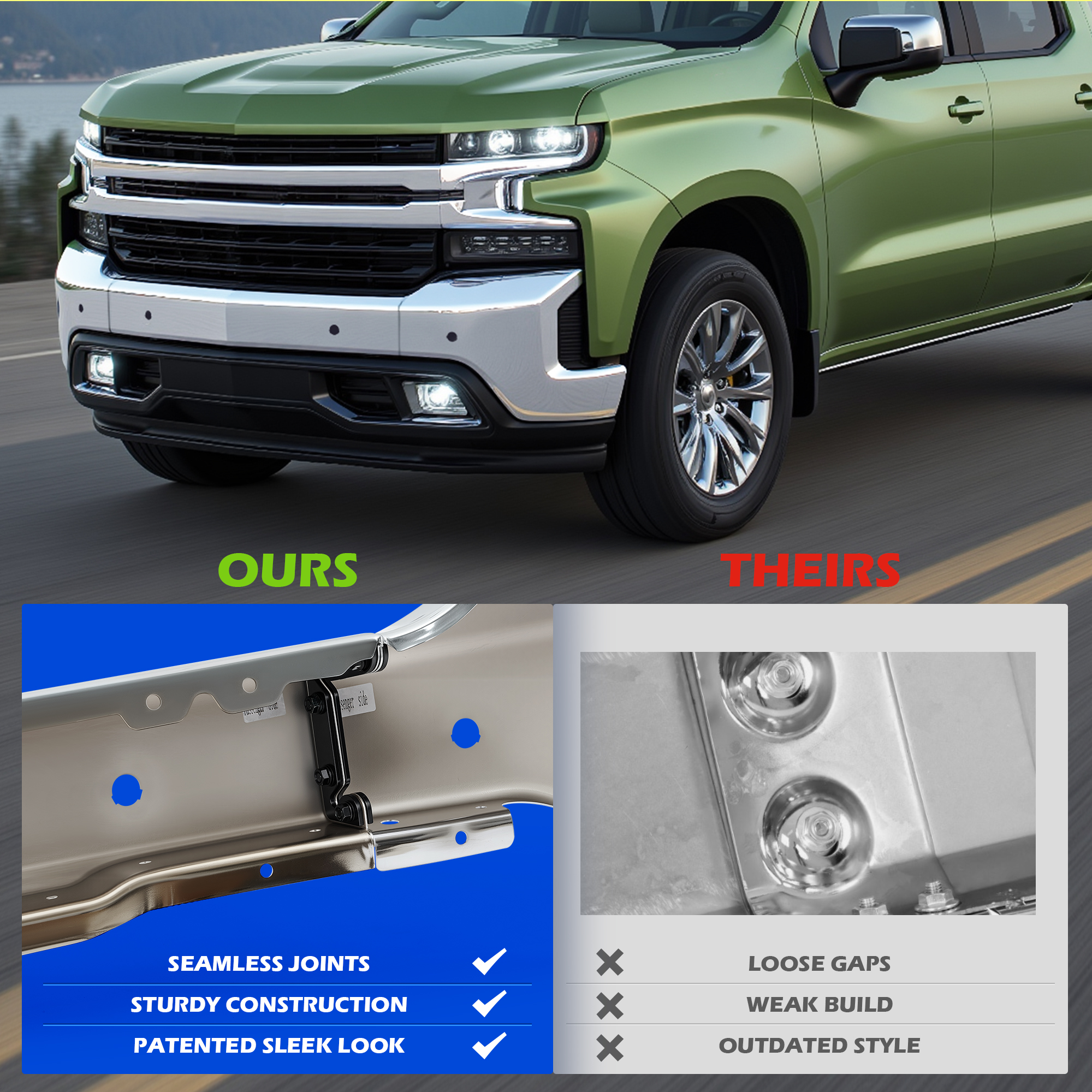 Bestco For 2019-2022 Chevrolet Silverado 1500 Split Steel Front Bumper Chrome With Sensor Holes