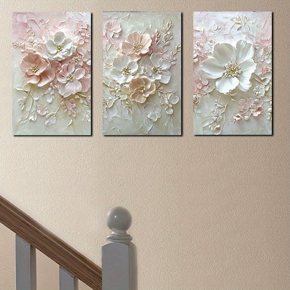 3pcs Unframed Floral Canvas Wall Art Triptych - Elegant White and Pink Flower Arrangement with Green Foliage, Perfect for Bedroom, Hallway, or Cozy Reading Nook Décor