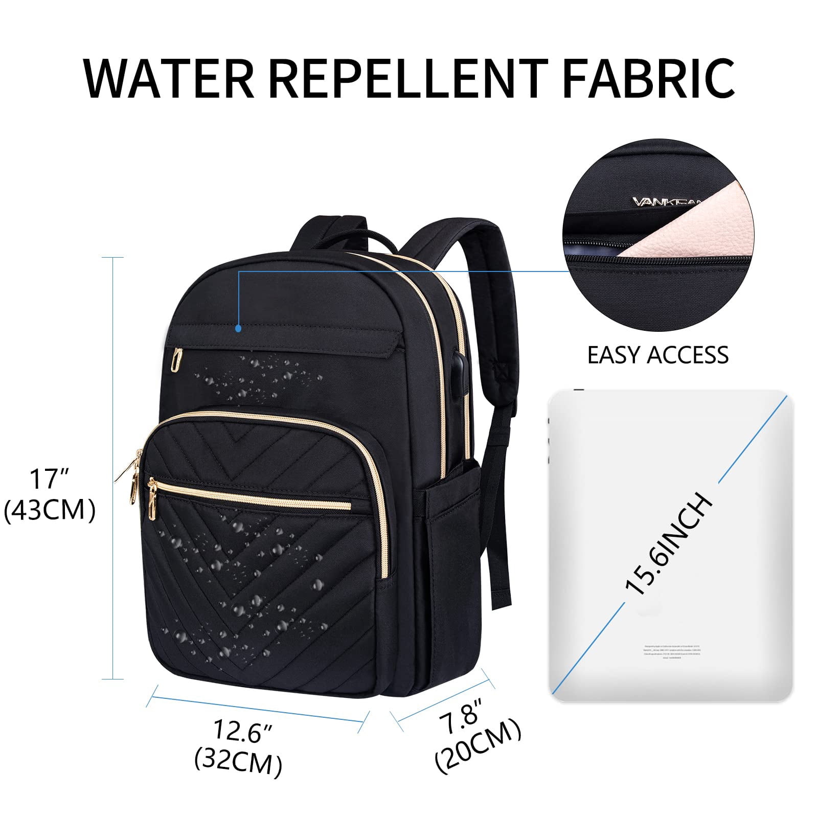 GlneYos Women Laptop Backpack,17.3inch Travel Work Laptop Bag with USB Port Waterproof Fashion Backpacks Nurse Stylish Casual Daypacks for College, Business, Black