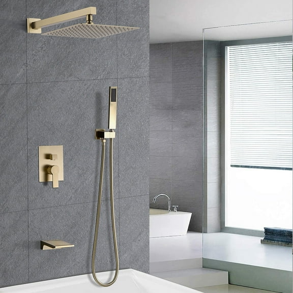 Freestanding Tub Filler Shower System Bathroom Luxury 12 Inch Rain Shower Head with Handheld Mixer Shower Combo Set Wall Mounted Shower Faucet Trim with Valve Brushed Gold,Freestanding Bathtub Faucet