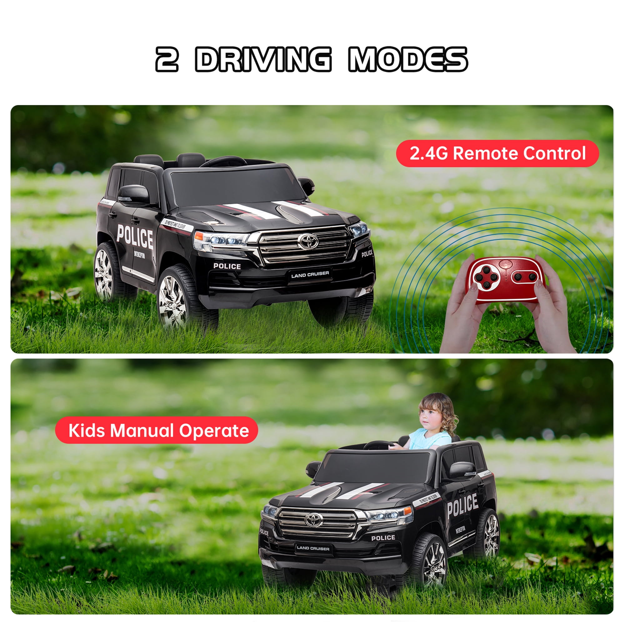 Kids Ride-On Car 2 Seaters, 12V Licensed Toyota Land Cruiser Electric SUV Police Car Battery Powered Toy Truck with Remote Control,2 Motors, 3 Speeds, Music, Horn, LED Lights