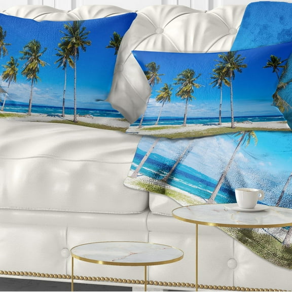 Designart Palms on Philippines Tropical Beach - Modern Seascape Throw Pillow - 12x20