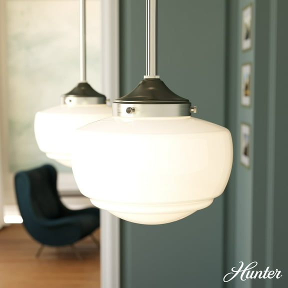 Hunter - Saddle Creek 1-light Brushed Nickel, Small Pendant Light, Dimmable, Schoolhouse Style, Schoolhouse Shaped, for Bedrooms, Dining, Living Rooms - 19026