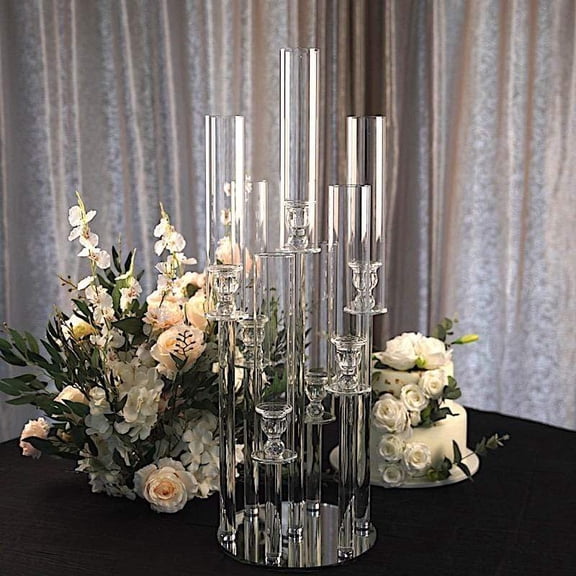 BalsaCircle 33" Clear 7 Arm Crystal Glass Candelabra Pillar Votive Candle Holder