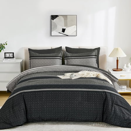 Wongs Bedding 7-Piece Comforter Set Queen Size, Dark Grey Striped Bed in a Bag