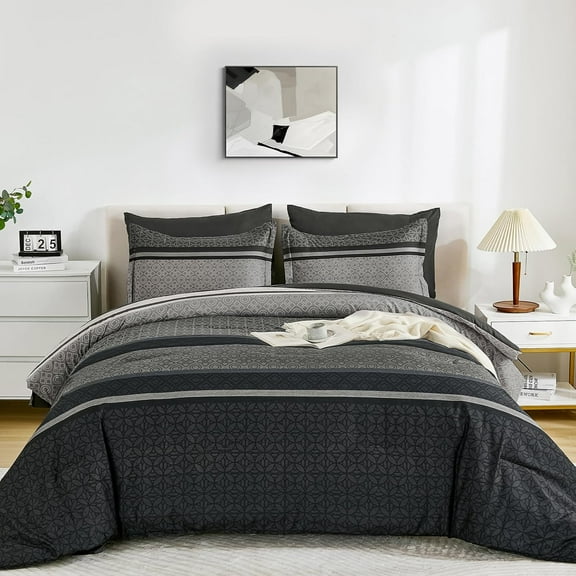 Wongs Bedding 7-Piece Comforter Set Queen Size, Dark Grey Striped Bed in a Bag