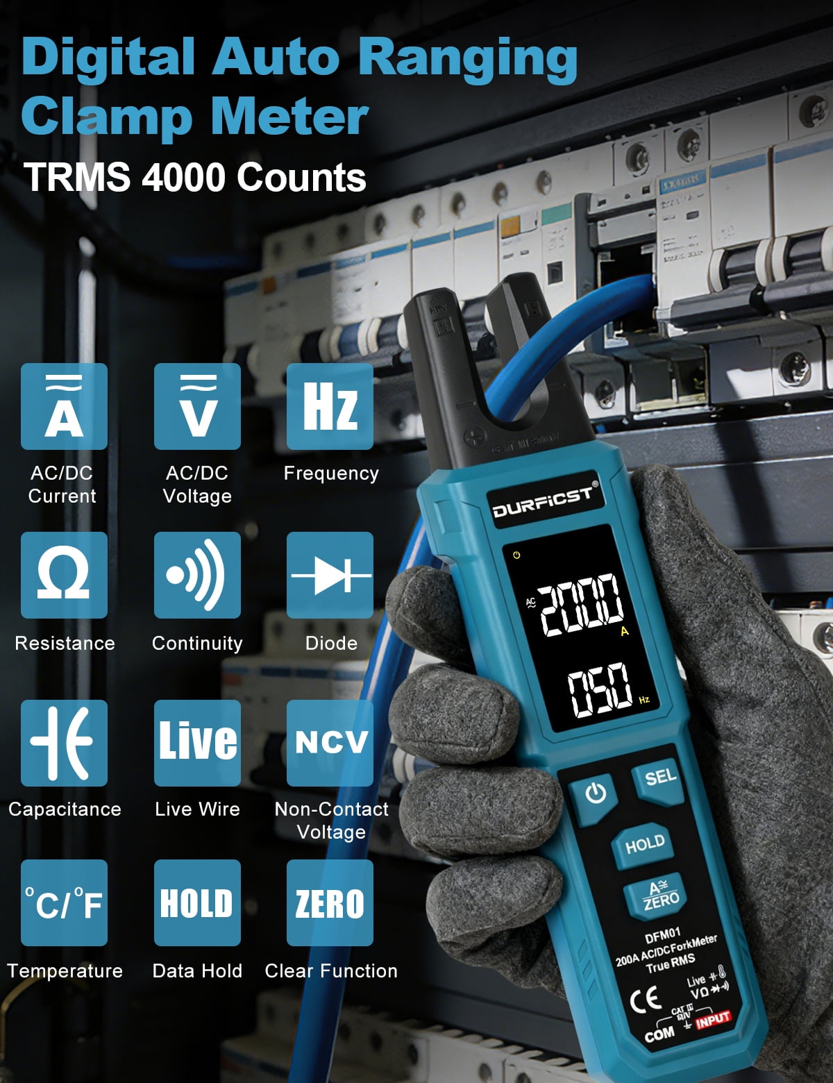 Clamp Meter, DURFICST Digital Auto Ranging Amp Meter TRMS 4000 Counts, Clamp Multimeter with AC/DC Current & Voltage, NCV, Resistance, Capacitance, Frequency, Continuity, Live Wire, Temperature Test