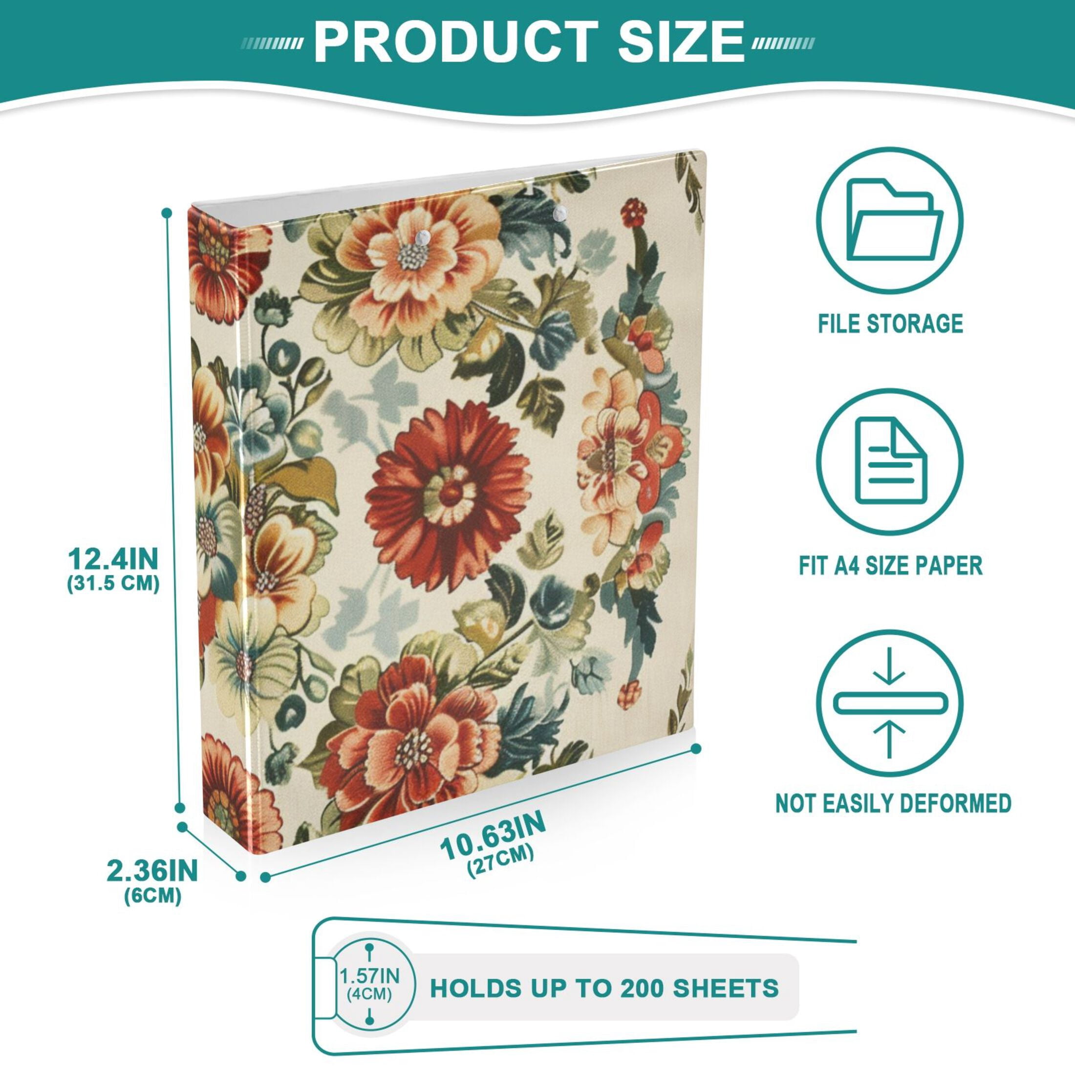 Vintage Medallion Floral Flowers 3 Ring Binders 1.5 inch Hardcover File Folders with Interior Pockets A4 Size Organizer for School Office Hospital