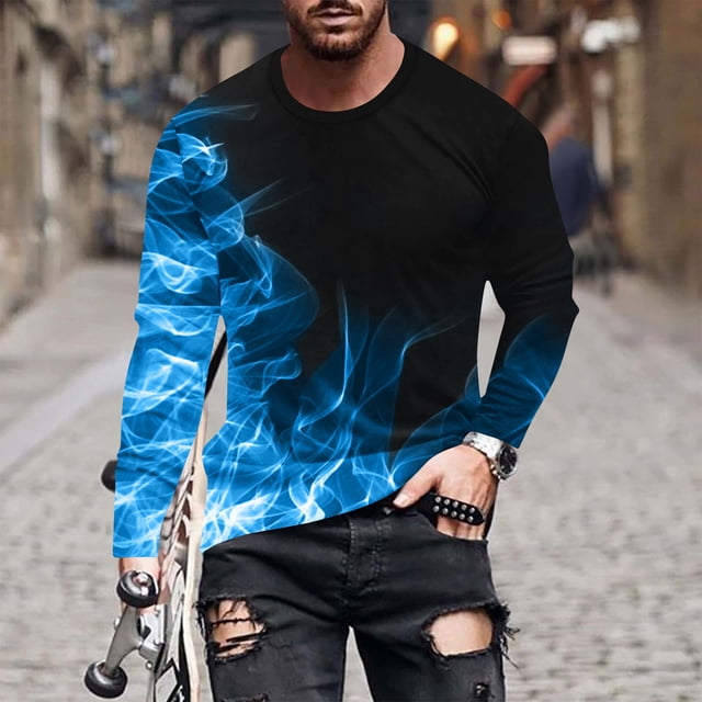 Seeotter Tee Shirts Mens Big and Tall Long Sleeve Causal Pullover Fashion 3D Flame Print Graphic Tees Crewneck Sweatshirts