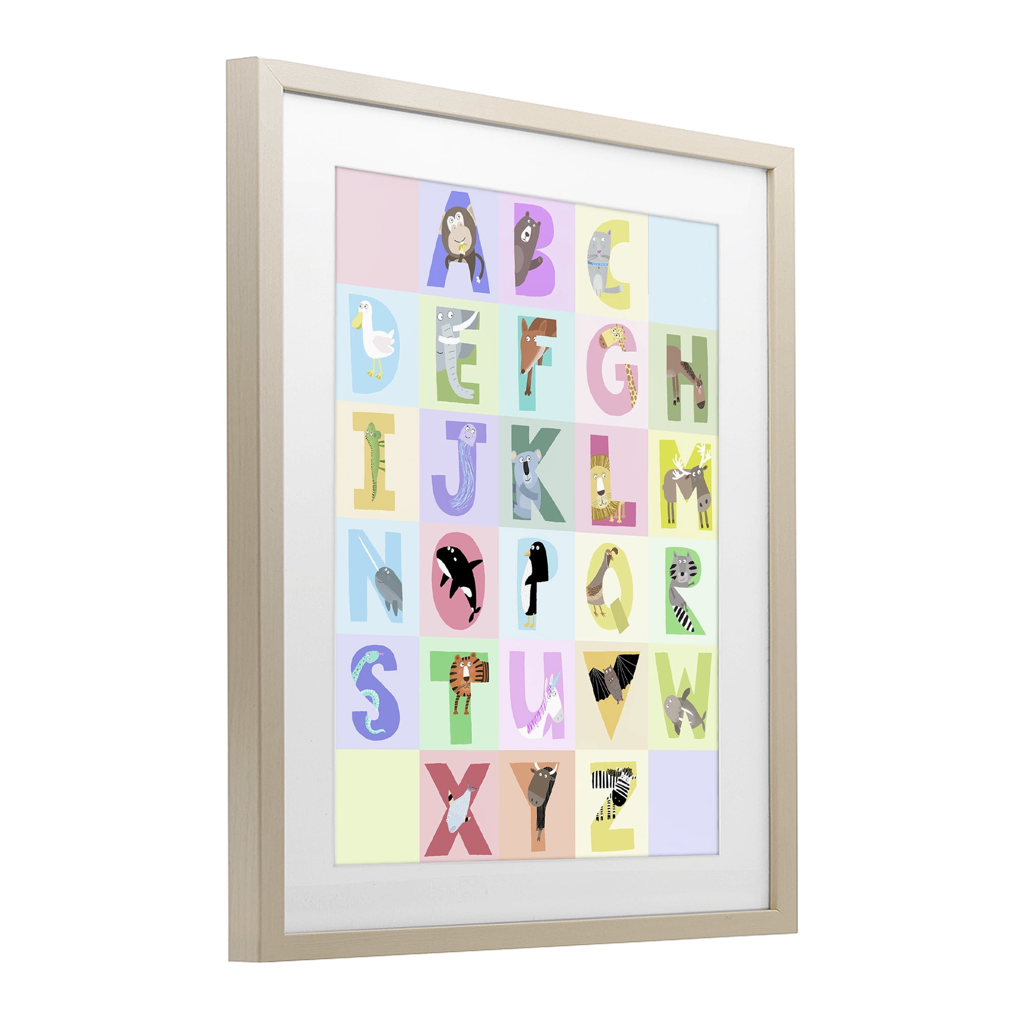Stupell Industries Animal Alphabet in Pastels Birch Framed Print Under Glass, design by Carla Daly