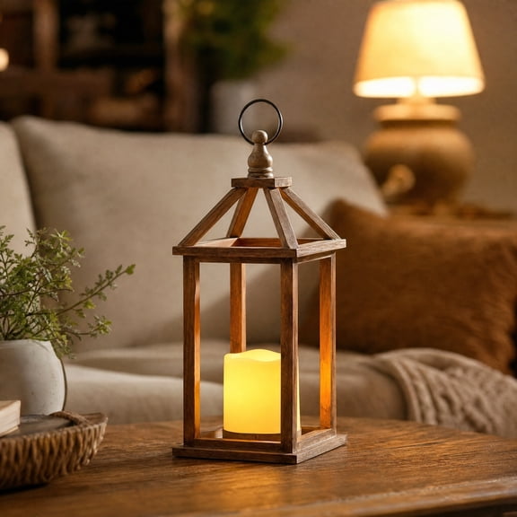 Weathered Wood Candle Lantern with Metal Hanging Ring, Vintage Wooden Frame Flameless Candle Holder, Farmhouse Decor for Indoor Outdoor Front Door Porch Wall Patio Garden Decoration, Brown
