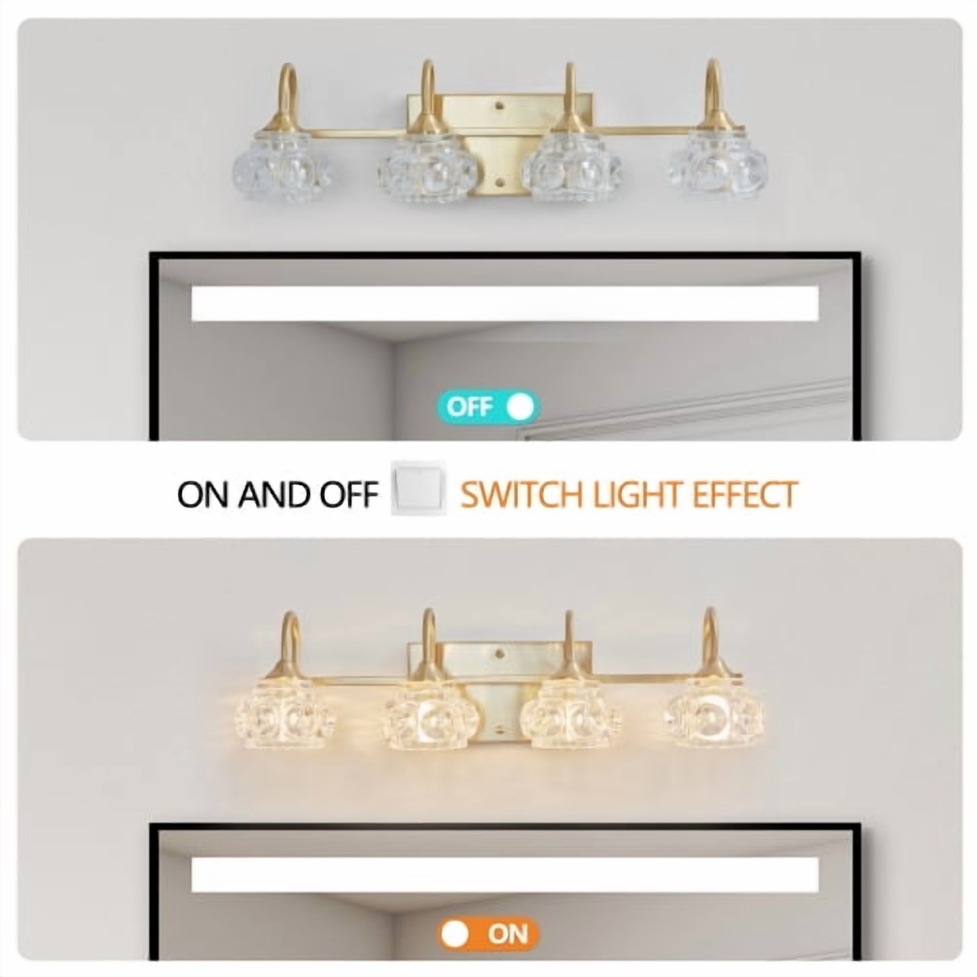 ACE-LIGHTS,Retro 4-Light Bathroom Vanity Light Fixture with Crystal Glass Shades(Bulbs Not Included),Wall Mounted Lighting for Bathroom,Dressing Room,Powder Room and Vanity Mirror(Golden）