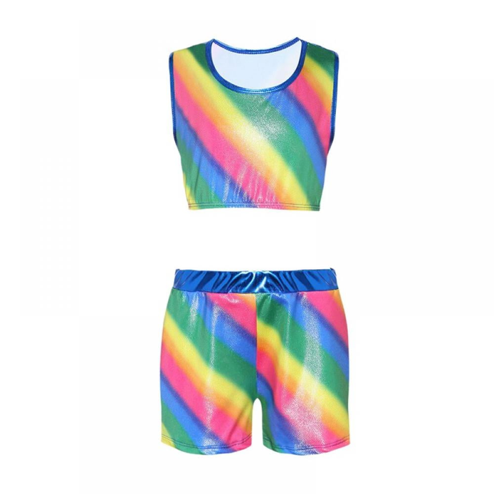 Girls 2-Piece Dance Outfit Crop Tops+Bottoms Shorts Ballet Gym Leotard Swimwear 