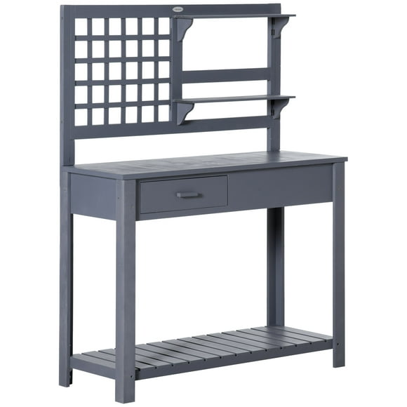 Outsunny Potting Bench Table, Garden Work Bench, Wooden Workstation with Tiers of Shelves and Drawer for Patio, Courtyards, Balcony, Grey