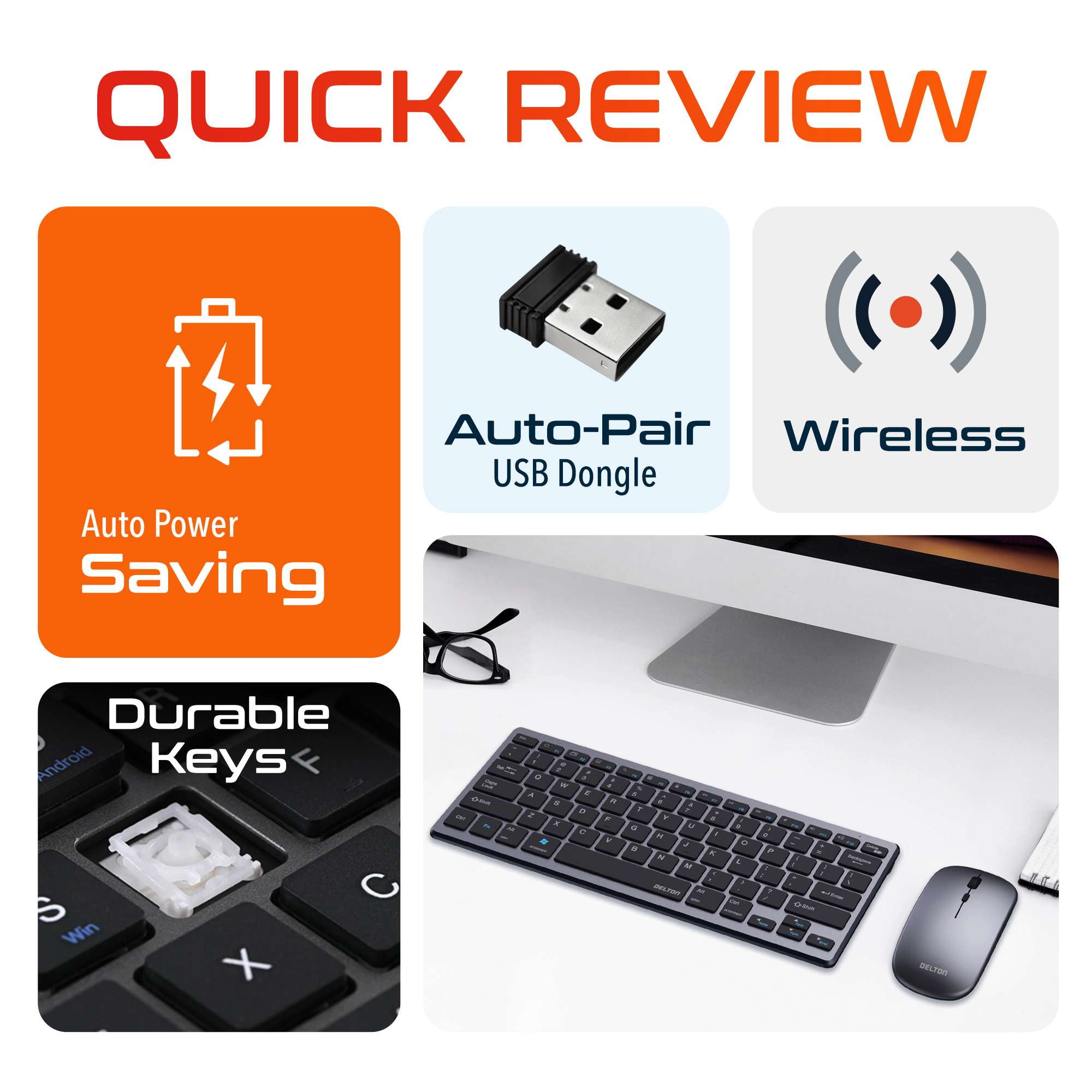Delton N35 Wireless Keyboard and Mouse, Bluetooth Keyboard Mouse Combo, 3 DPI Levels 800/1200/1600, Noiseless Wireless Mouse for Computer, Laptop, Mac, Chromebook & Tablets - Black