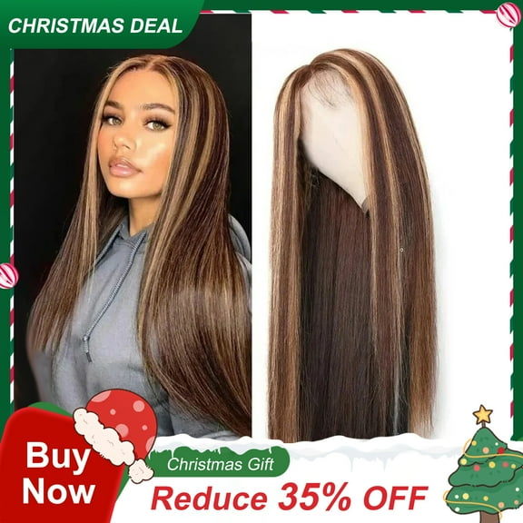 〖DOPI〗Long Straight Brown Mixed Blonde Synthetic Wigs for Women Middle Part Highlights
