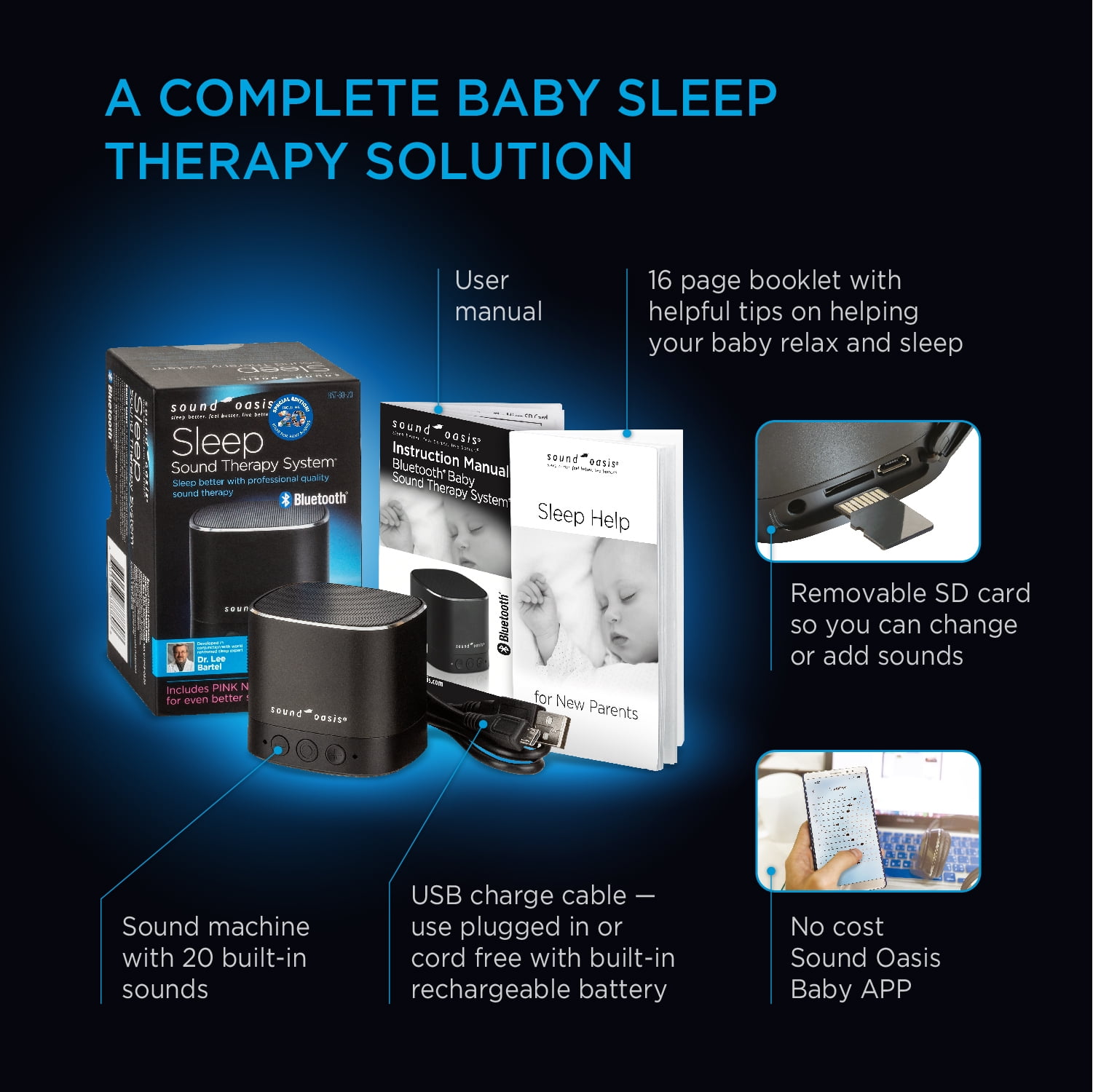 Sound Oasis Baby Sound Machine with Bluetooth - 20 Soothing Sounds, Portable, Includes New Help Booklet and Baby Sound Therapy App for Sleep and Relaxation