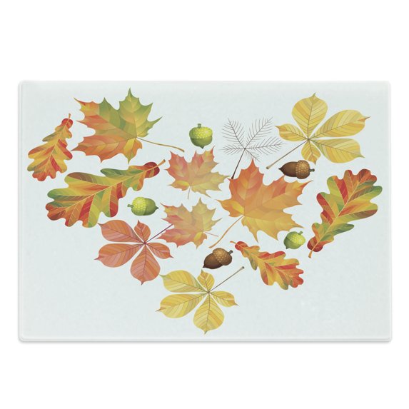 Natural Color Cutting Board, Autumn Love Themed Heart Shape from Fallen Leaves and Acorns Print, Decorative Tempered Glass Cutting and Serving Board, in 3 Sizes, by Ambesonne