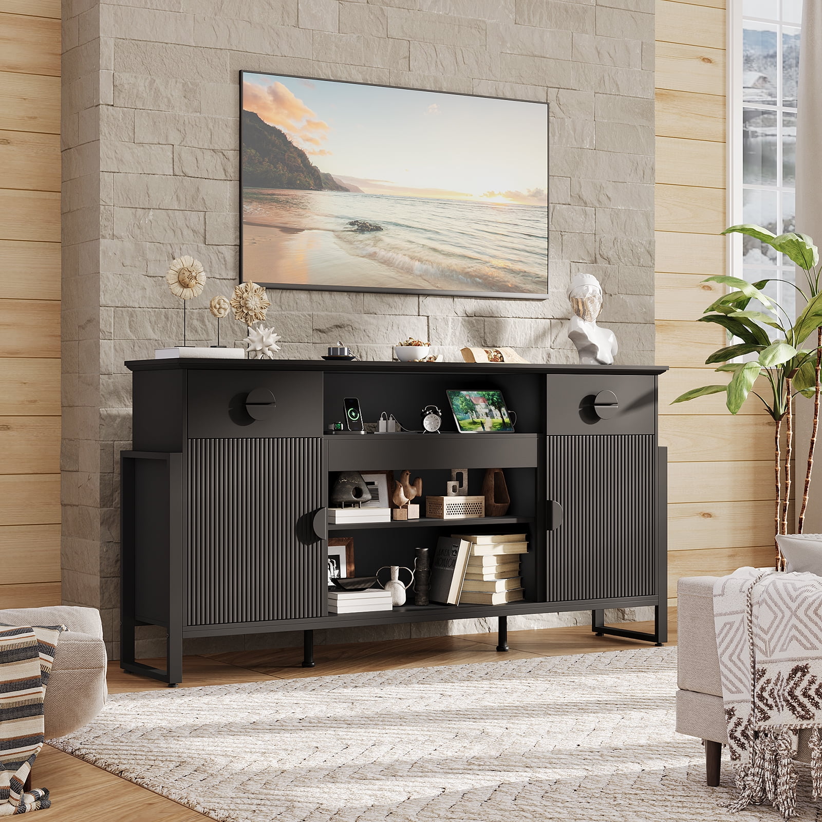 Holliwill Fluted 70" TV Stand for TVs up to 80" with Charging Station, Modern Tall Entertainment Center with Drawers for Living Room, Black