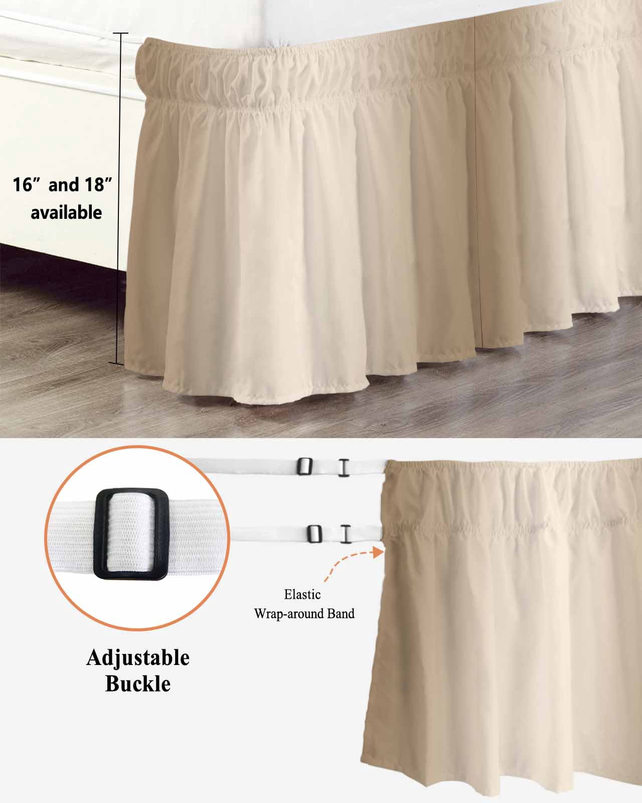 Beige Ombre Bed Skirt Queen Size, Modern Gradient Abstract Art Wrap Around Bed Skirting with Adjustable Elastic Strap, Dust Ruffle Pleated Bedskirts 16 Inch Drop for Bedroom Queen Beds