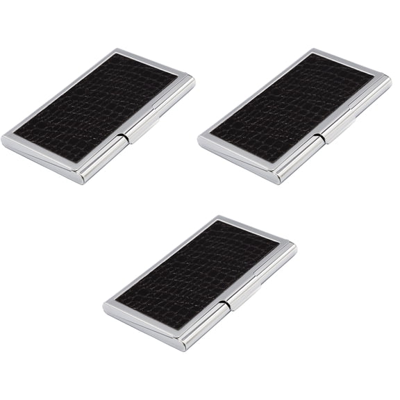 Set of 3 Slim Metal Business Card Holder Unisex Case With Leatherette Insert (Black Crocodile)