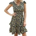 thumbnail image 2 of Robe Bohème pour Femmes Col en V Imprimé Floral Volant Mini Robe Taille Smockée Été Ligne A Robe de Plage, 2 of 7