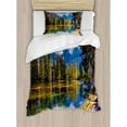 thumbnail image 3 of Mountain Duvet Cover Set Queen Size, Snow Covered Alps Peaks Covered with Fir Trees in Lake Natural Paradise, Decorative 3 Piece Bedding Set with 2 Pillow Shams, Green White Blue, by Ambesonne, 3 of 3