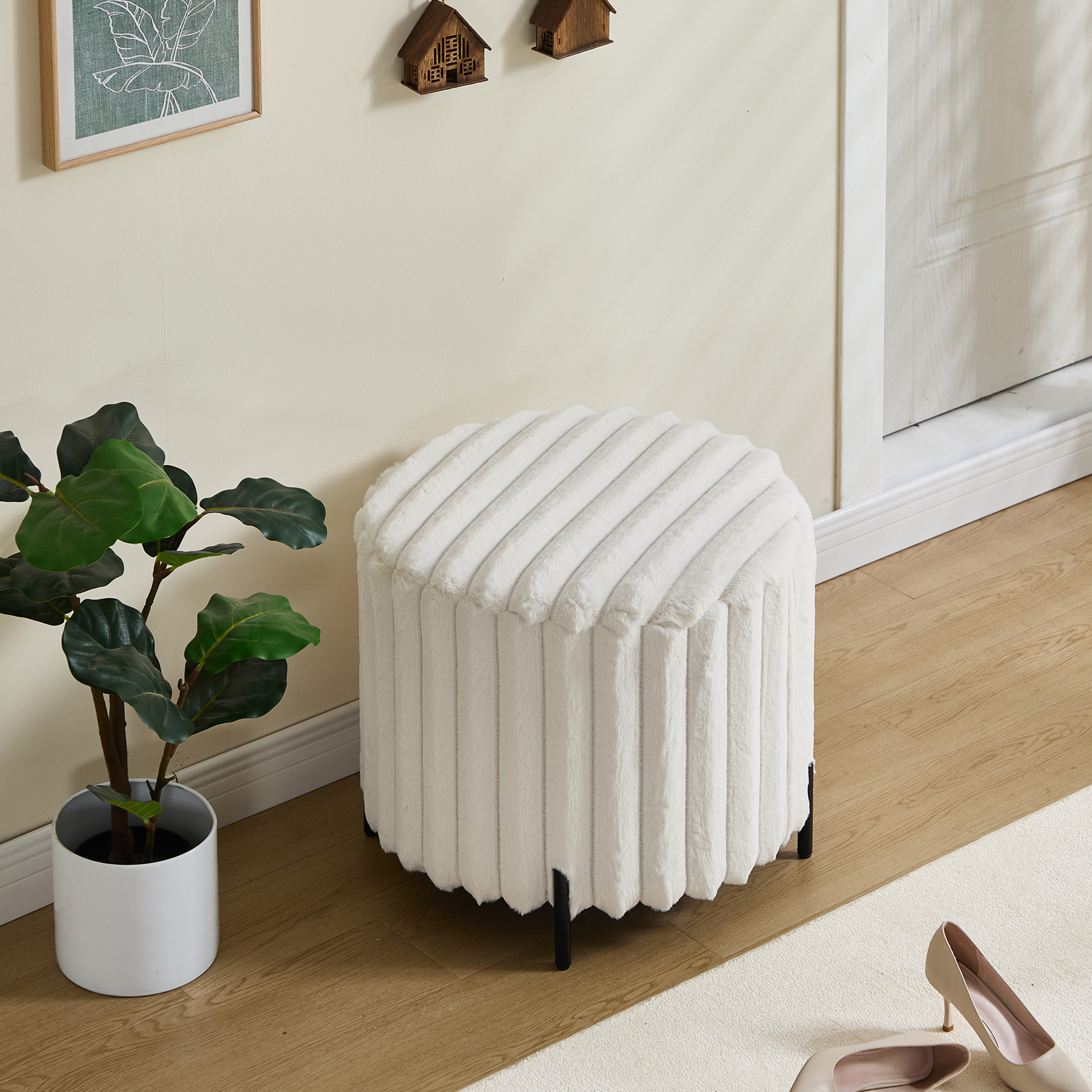 Noble House Linlyn 22" Faux Fur Round Pouf Ottoman, Wide Upholstered Foot Rest with Black Metal Legs, Beige