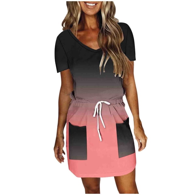 Birdeem Robes pour Femmes Mode Féminine Couleur Unie Manches Courtes Col en V Mi-Mollet Robe