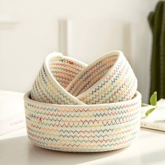 LAMIRO Small Woven Basket,Cute Round Cotton Rope Gifts Basket,Empty Baby Storage Basket Nursery Box Bin Kids Organizer Cat Dog Toy Basket Easter Basket (Colorful) 6.69x3.15"