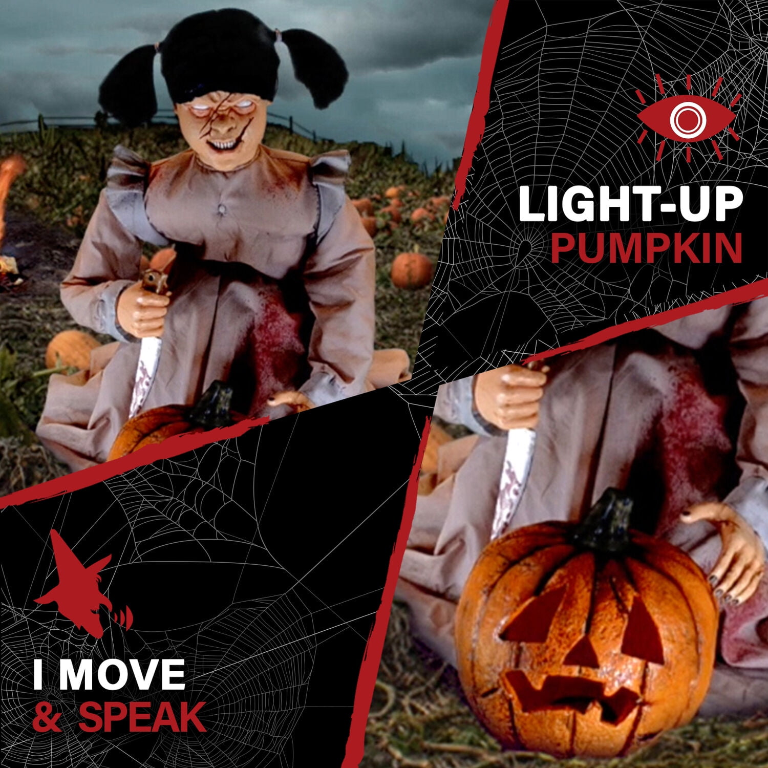 Lunging Pumpkin Carver Zombie Girl with Jack O'Lantern by Tekky,  3.2 ft Premium Talking Halloween Animatronic, HHPMPCVR-FLSA