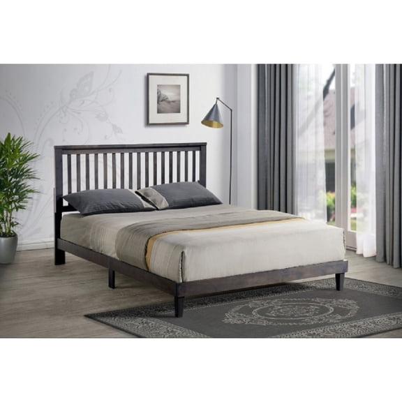 Mission Style Wood Queen Size Platform Bed Frame with Slatted Headboard, Cappuccino