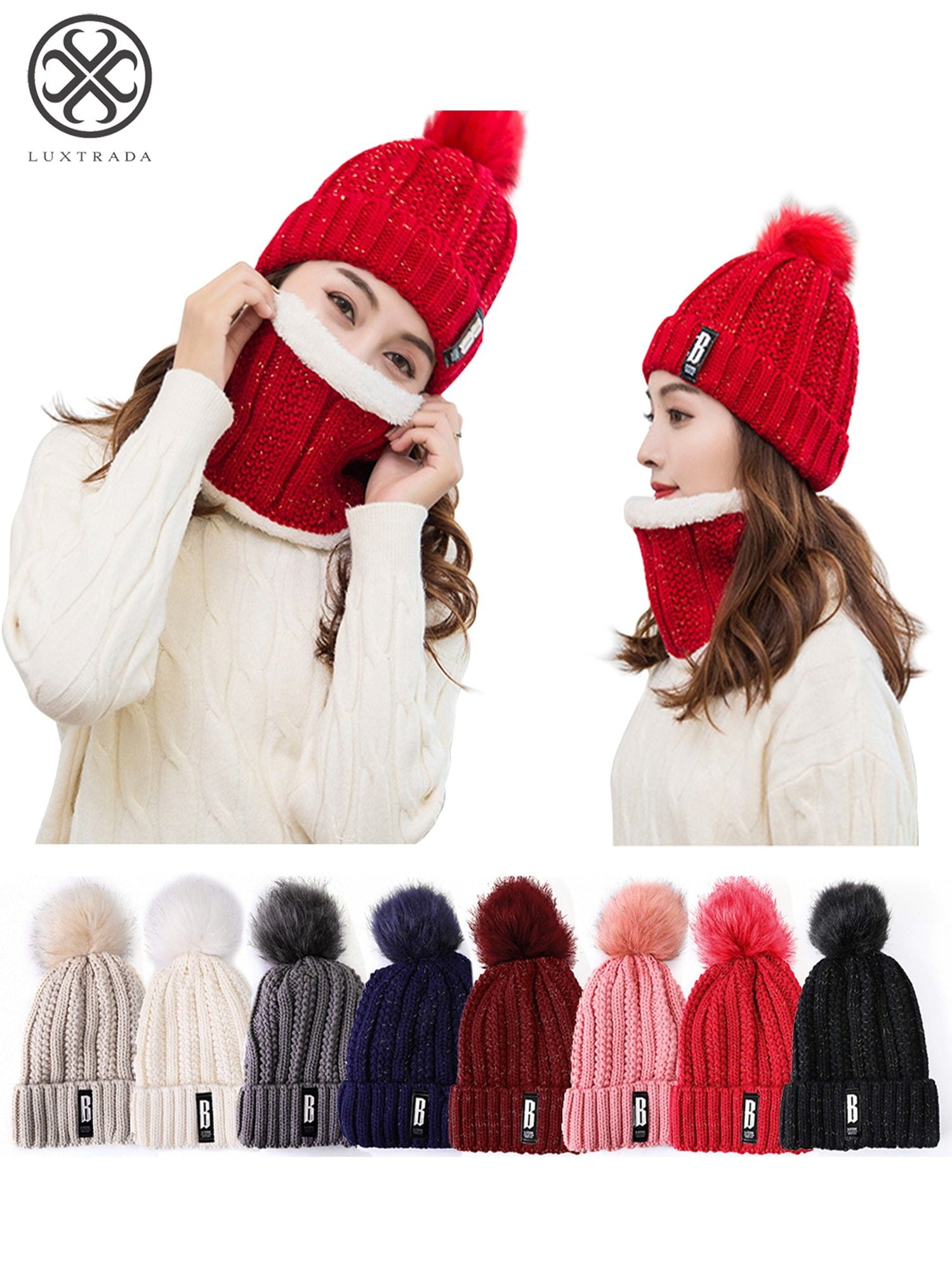 Outdoor Women Knitted Hat Scarf Sets Fur Pompom Hat Thick Soft Cotton Gift WE 