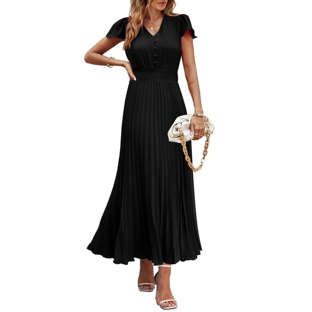Vestido largo PRETTYGARDEN para mujer, verano 2025, cuello en V, con volantes, negro