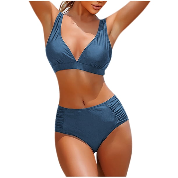 Bikini de Corte Alto de Mujer de Color Sólido con Cojín de Pecho, Correa sin Espalda Sexy sin Soporte de Acero