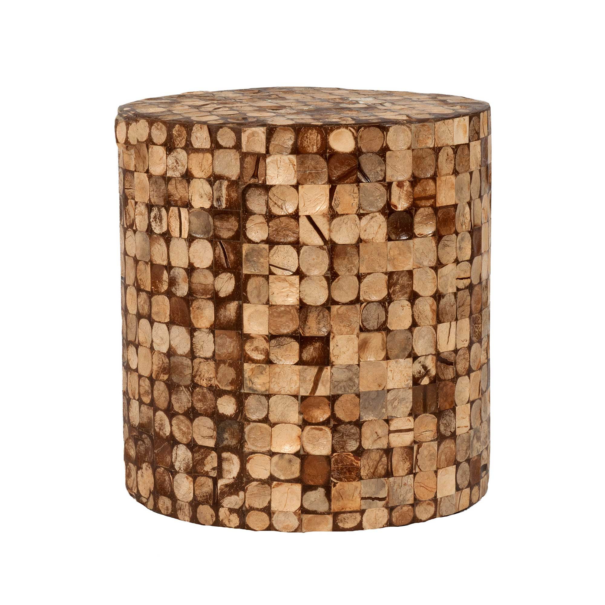 "East at Main Mila Round Natural Brown Distressed Coconut Shell Drum End Table, 16""Dia x 16.5""H"